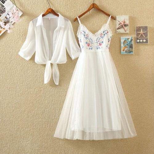 Summer New Fashion Two Piece Set Suit Puff Sleeve Chiffon Bow Tie Blouse Shirt Tops + A Line Embroidery Ruched Ruffles Dress Set