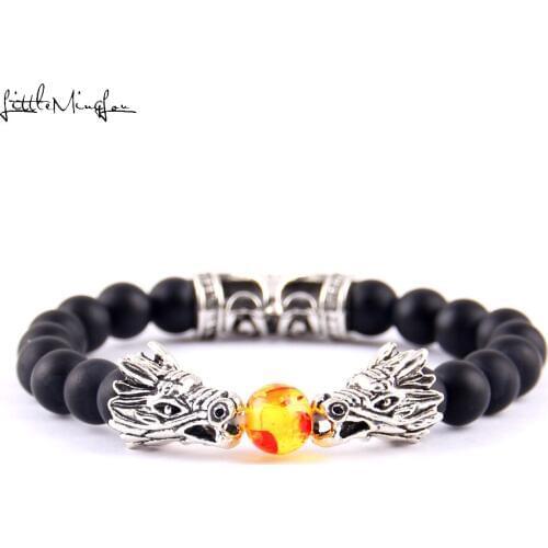 Little MingLou ilver color Double Dragon Head with Matt Onyx charms men bracelet Natural Stone Beads bracelets bangles for women