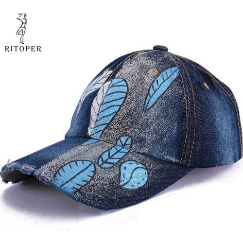 RITOPER Denim Unisex Baseball Caps Hot stamping 100% Handmade Baseball Caps Painted Willow Hats Kapelusz Chapeau Casquette 2019