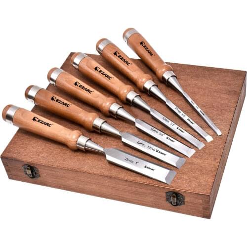 EZARC 1/6 pcs Wood Chisel Set for Woodworking CRV Steel with Walnut Handle Wooden Premium Box for Carpentry Craftsman