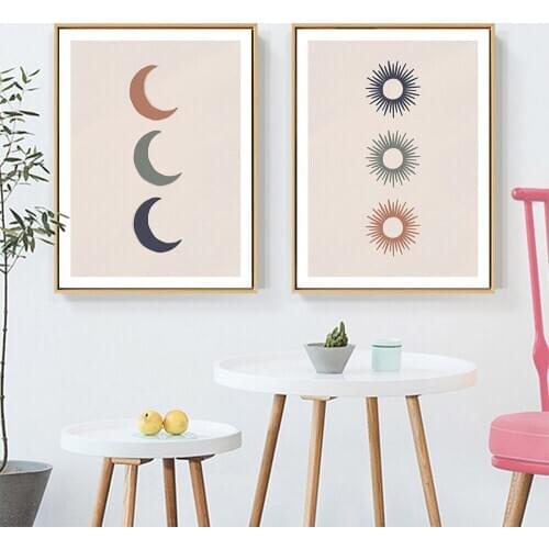 Nordic Poster Abstract Triple Sun And Moon Canvas Painting Boho Wall Art Print For Bed Room Home Decor Wall Picture No Frame