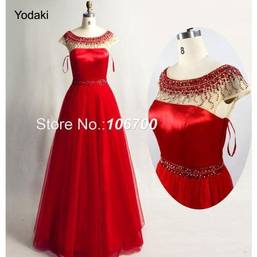 New Arrival Elegant Long Prom Dresses Crystal Beading Cap Sleeve Sheer illusion Tulle Black Red Pink White Ball Gown