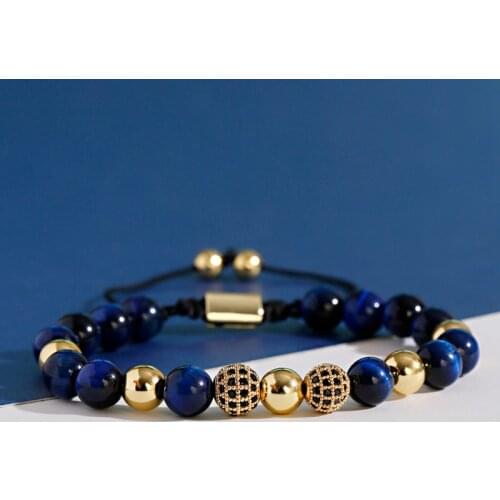 New Blue Tiger Eyes Beads Weaving Bracelet Homme Men CZ Ball Beads Adjustable Bracelet Men Dropshipping