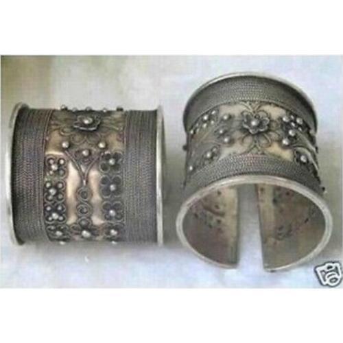 Wholesale Collectible Tribal Tibet pair MIAO silver carved flower cuff bracelet/2 style selector/size Can adjusted Free Shipping