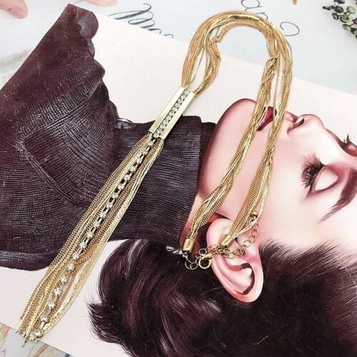 Chains Necklace Rhinestone Long Tassel Multi Chains Punk Jewelry For Womens Accessories