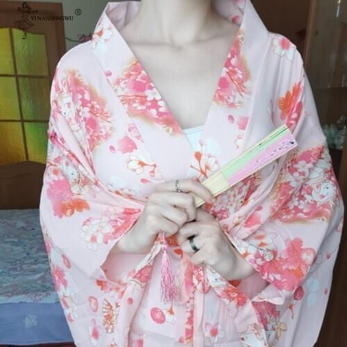 Sakura Girl Kimono Dress Japanese Style Yukata Pajamas Women Floral Print Japanese Uniform Cosplay Costume Party Short Gown