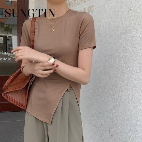 Sungtin 2021 Split Up Women New Female Korean Loose Solid T-shirts Hot Minimalist High Quality Gentle Short Sleeves Tops Simple