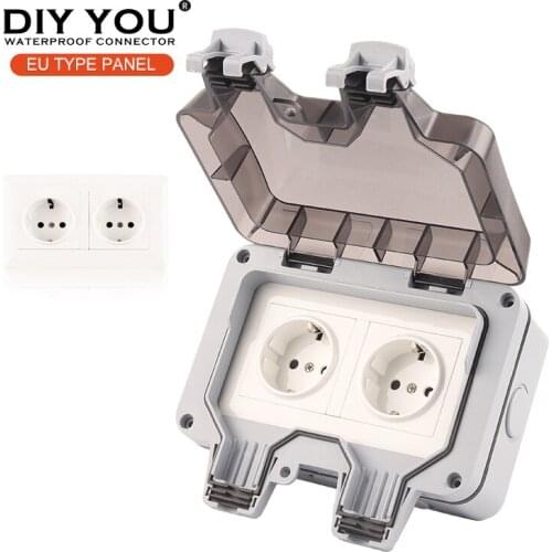 IP66 EU Germany Standard Waterproof Outdoor Wall Power Switch Socket For Home Garden 16A Double Outlet Panel Grounded AC 250V