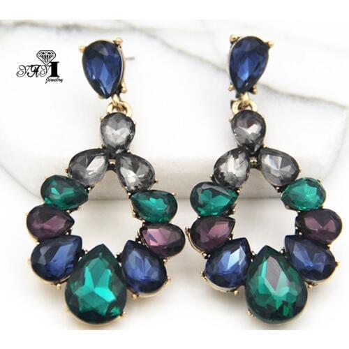 YaYi Jewelry Multi Glass Rhinestone Dangle Crystal Earring Womens Fashion Ancient Silver Color Gem Long Earrings Gift 1257