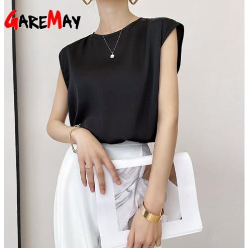 Womens Elegant Blouse sleeveless Office Korean Style Beautiful Satin Blouse Woman Vintage Silk White Blouse Women Summer Tops