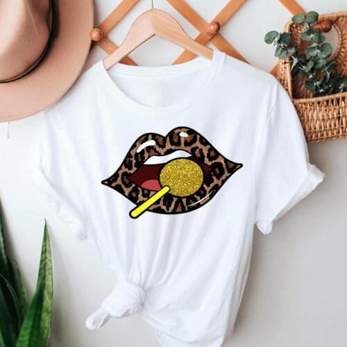 Women Fashion Leopard Sexy Lip Printing Clothing Short Sleeve Tshirts Clothes Graphic T Top Lady Print Female Tee T-Shirt