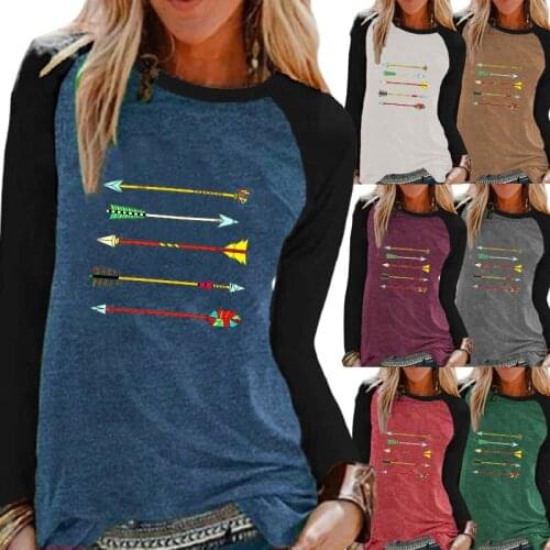 Ladies Autumn Fashion Casual Long Sleeve Shirt Clothing Round Neck Loose Arrow Print Color Block Plus Size Womens T-shirt