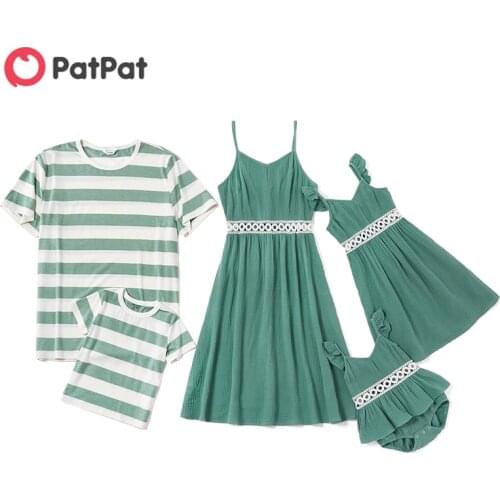 PatPat 2021 New Arrival Summer Mosaic Family Matching Cotton Hollow Out Lace Flutter-Sleeve Tank Dresses Stripe T-shirts