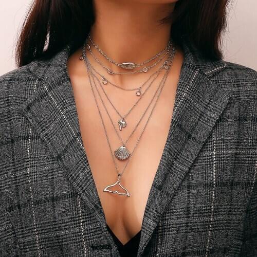 Ethnic Boho Collares Long Chain Multilayer Choker Necklace Women Vintage Shell Tree Fish Tail Pendant Necklace