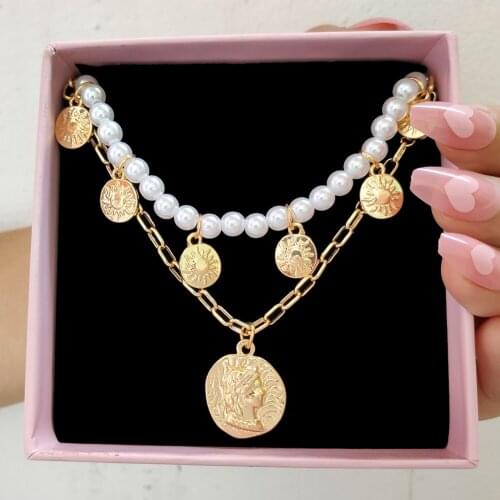 Flatfoosie Bohemia Gold Coin Portrait Pendant Necklace For Women Multi-layer Imitation Pearls Beads Choker Necklaces Jewelry