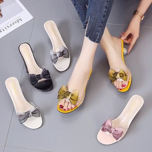 2021 Summer Sexy Transparent Bow Summer Sandals Slipper Women High Heel Shoes Female Casual Flower Slipper Slides Women Shoes 40