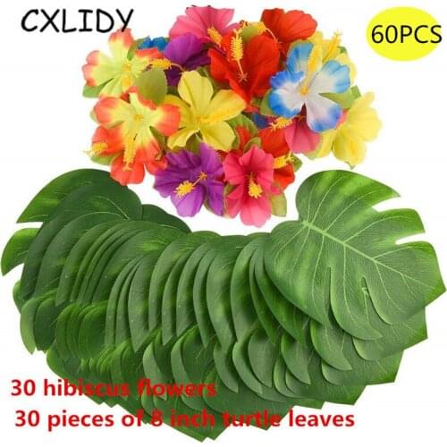 60Pcs Set Hawaiian Theme Decoration Simulation 30 Pieces Simulation Turtle Back Leaf 30 Hibiscus Hawaiian Party Supplies qq099