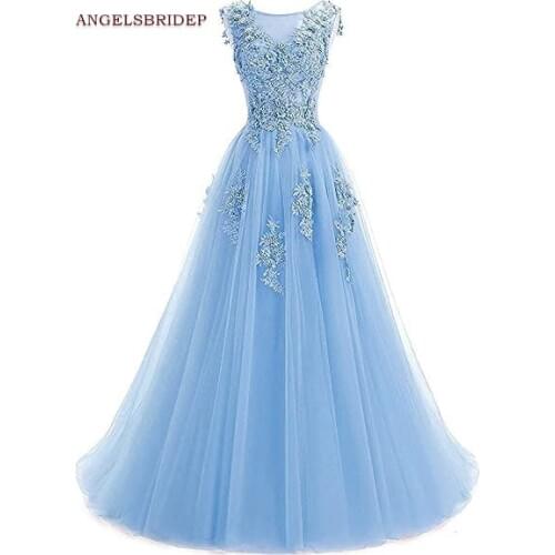 ANGELSBRIDEP Sheer Neck Prom Dresses Party Gowns Applique Flower Floor-Length Tulle Abendkleider Formal Evening Dress