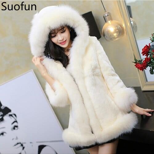 Suofun Long Solid Casual Fur Coat 2021 New Fashion Womens Autumn Hooded Womens Middle Long Rabbit Warm Winter Woolen Coats