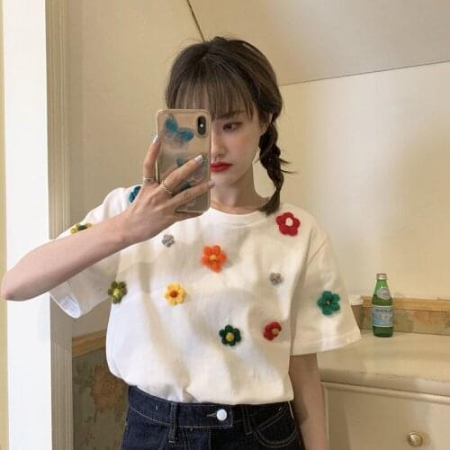 Spring and Summer 2021 New Sweet Three-dimensional Florets Loose Sanding Short-sleeved T-shirt Top Womens Clothing