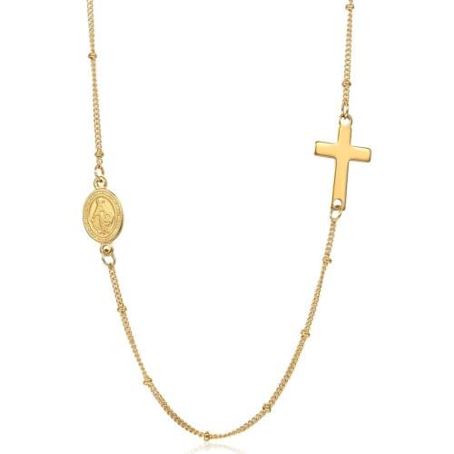 Christian Stainless Steel Cross Charm Virgin Mary Pendant Bead Chain Choker Necklace Adjustable Religious Jewelry DDN270