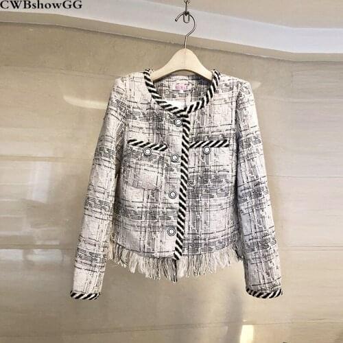 CWBshowGG Autumn And Winter New Tassel Vintage woven Ladies Small Fragrance Tweed Single-Breasted Plaid Short Jacket Female