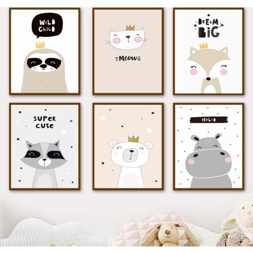 Cartoon Bear Raccoon Hippo Fox Nordic Posters And Prints Wall Art Canvas Painting Wall Pictures Baby Bedroom Kids Room Decor