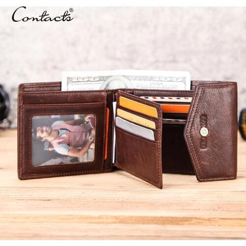CONTACTS Crazy Horse leather men wallet with coin pocket Hasp Money Bag horizontal Vintage short wallet for Business male