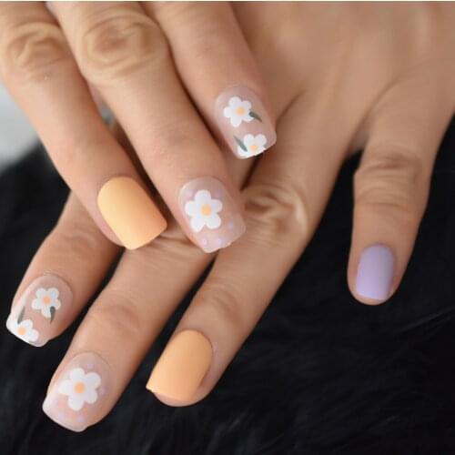 Matte Fake Press On Nails Kit Short Oval False Nails With Daisy Flower Artificial Clear Orange Blue Fingernails For Women Girls