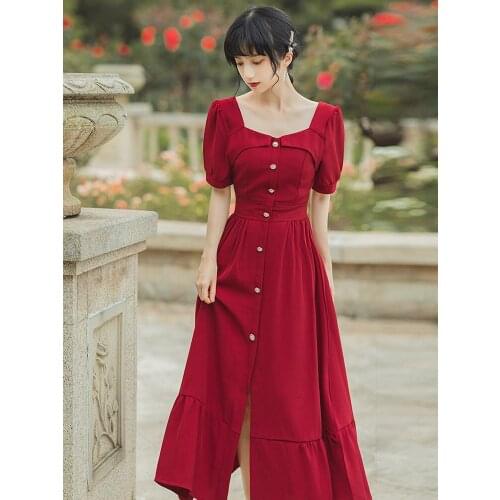 2021 Summer New Womens French Retro Noble Temperament Square Collar White Mid-Length Dress Wedding Party Dress Red Dress