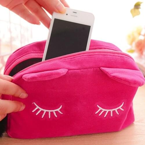 Newly Portable Cartoon Cat Coin Storage Case Travel Makeup Flannel Pouch Cosmetic Bag DOD886