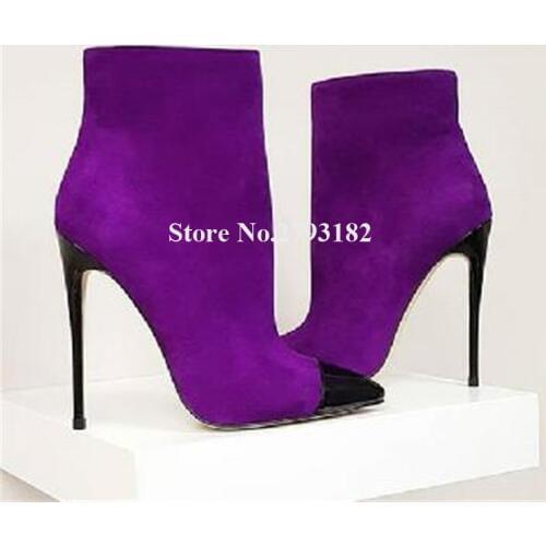 Sexy Women Black Pointed Toe Suede Leather Stiletto Heel Short Boots Purple Side Zipper-up High Heel Ankle Booties Dress Heels