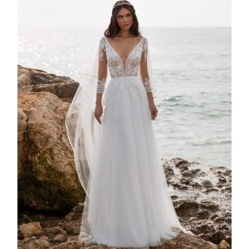 Beach Wedding Dresses A-line V-neck 3/4 Sleeves Tulle Appliques Backless Dubai Arabic Wedding Gown Bridal Dress Vestido De Noiva