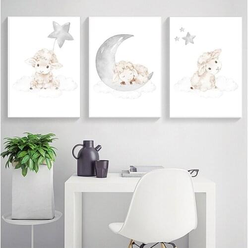 Cartoon Baby Animal Picture Sheep Nursery Poster and Print Wall Art Canvas Painting Nordic Kid Child Bedroom Decoration