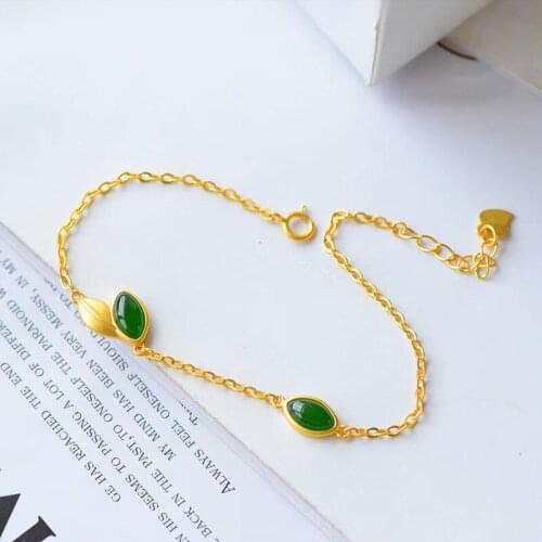 S925 Sterling Silver Gilding Leaf Bracelet Inlaid Natural Hetian Jade Temperament Leaf Jasper Bracelet to Give Mom Jewelry