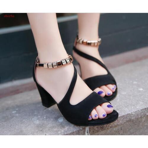 Summer spring sexy fish mouth hollow Roman sandals thick with a word with beaded high heels female summer Sexy female sandals