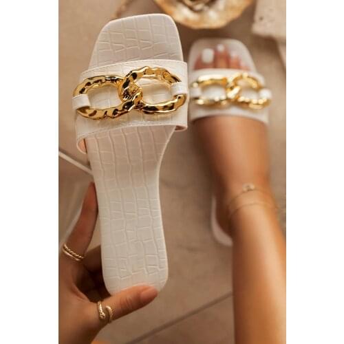 Summer Fashion Modern Slippers Women Flat Pleated Solid Leather Chain Decoration Rubber Sole Sexy Slides Ladies Female Shoes