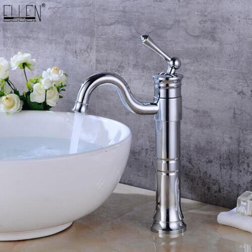Bathroom Tall Basin Sink Faucet Hot and Cold Water Mixer Crane Antique Bronze Faucets Deck Mounted Single Handle ELF1301