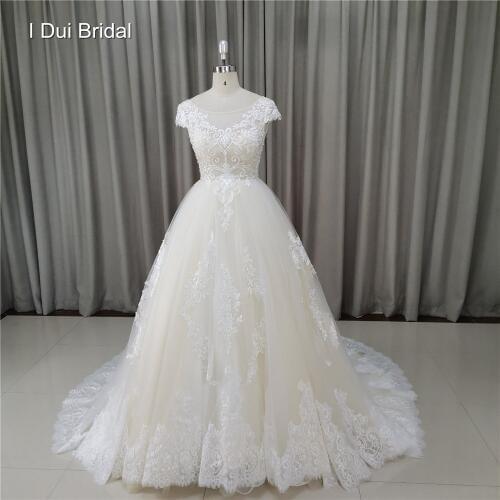 Short Sleeve Wedding Dress A Line Lace Appliqued Beaded Bridal Gown Custom Made