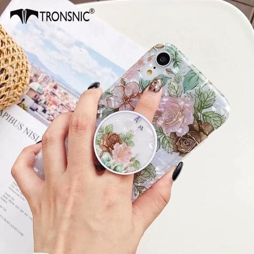 Texture Flower Conch Phone Case for iPhone 11 ProMax XR XS MAX Soft Luxury Foldable Stand Glossy Case for iPhone 7 8 Plus Cover