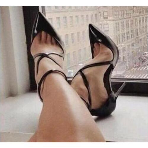 Fashion Patent Leather Pointed Toe Gladiator Women Dress Shoes Sexy Black Buckle Stiletto Lady Office Shoes Hot Sale Pumps