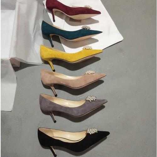 Classic Designer Womens Pumps Pointed High Heels Pearl Suede Womens Shoes Mature Elegant Party High Heels Luxury Gift Box Shoe