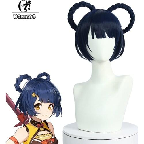 ROLECOS Genshin Impact Cosplay Wig Xiangling Blue Short 8-Shaped Braids Heat Resistant Hair Halloween Role Play