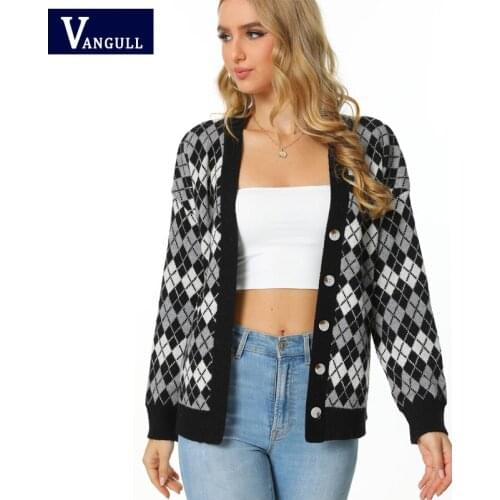 Vangull Fashion Y2K Plaid Printted Cardigans Women Sweater Autumn New Knitted Single Breasted Sweater Ladies Loose Sweater