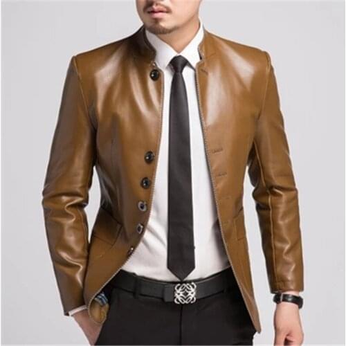 Spring Faux Leather Jacket Men Black Brown Solid Mens casaco Slim Fit middle aged business jaqueta couro masculina HH024