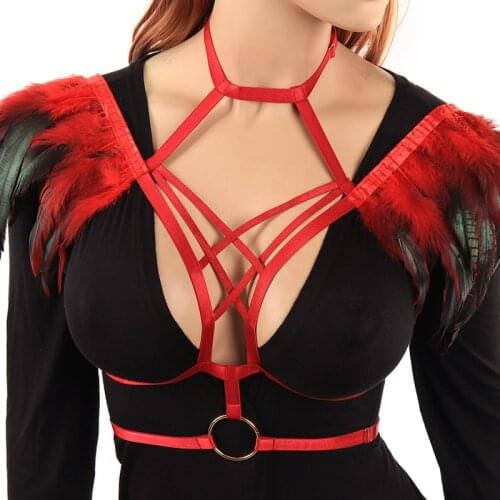 Enthusiastic And Glamorous Red Feather Coat Hollow Strappy Lingerie Bondage Body Harness Women Goth Sexy Bra Festival Beach Rave