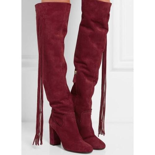 Long Fringe Side Women Knee High Boots Round Toe Cowboy Style Ladies Chunky Heel Boots Zipper Boots Female Fashion Dress Boots