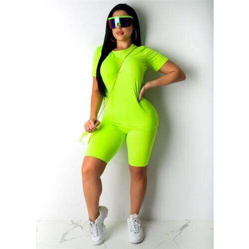 Fahsion Neon Color Women Two Piece Set Casual Tracksuits Casual Top And Biker Shorts Sets Sporty Active Wear