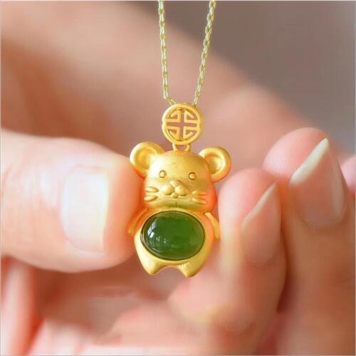 Charm Crystal Green Mouse Pendant Necklace Female Jewelry Fashion 925 Sterling Silver Chain Necklace Women Gold Accessories Gift
