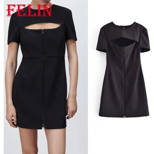 Za Fashion 2021 Women Sexy Party Mini Dress Chic Black Front Hole Sheath Dresses Female Short Sleeve O Neck Mujer Vestidos